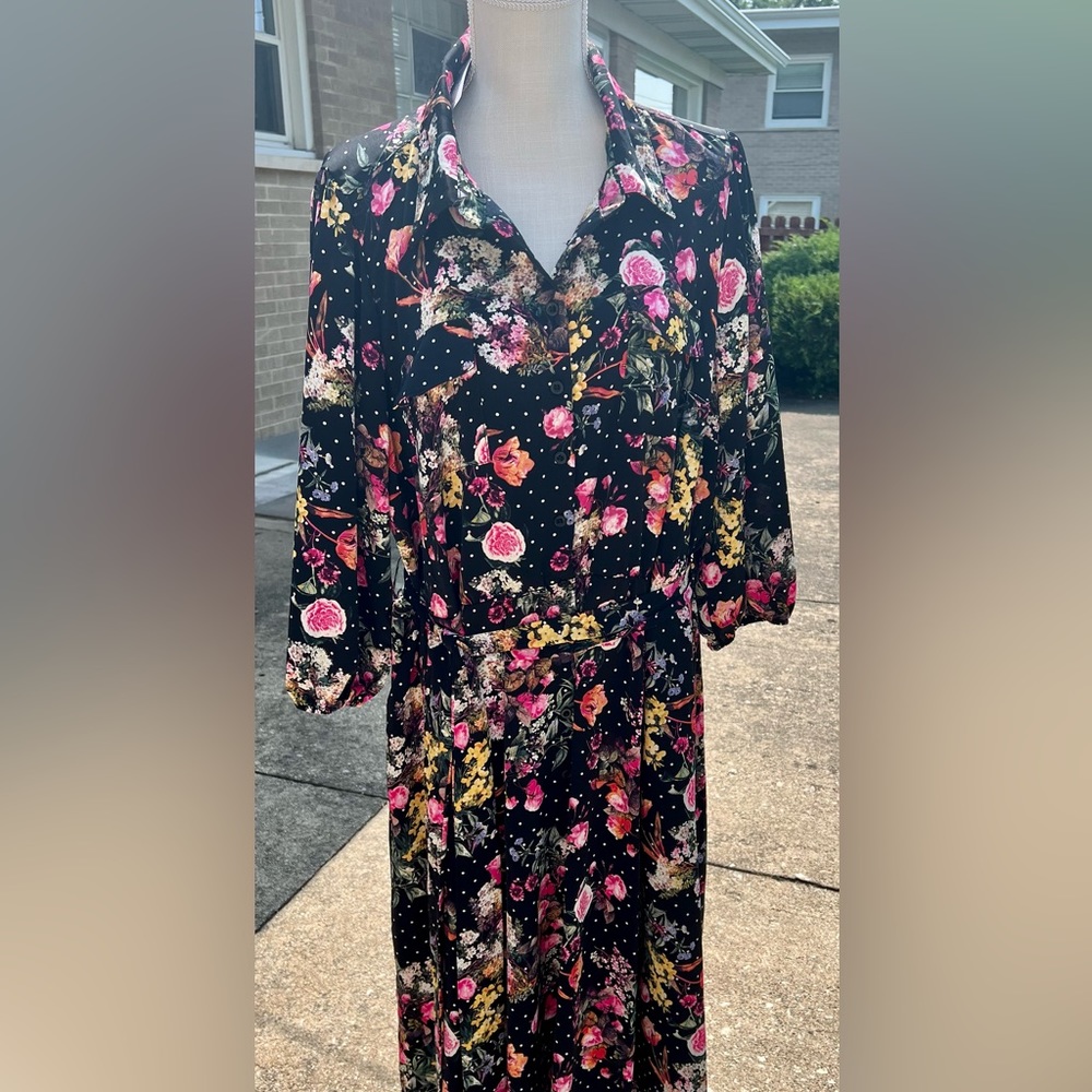 Torrid long polka-dot and flowers dress with tie- belt.
